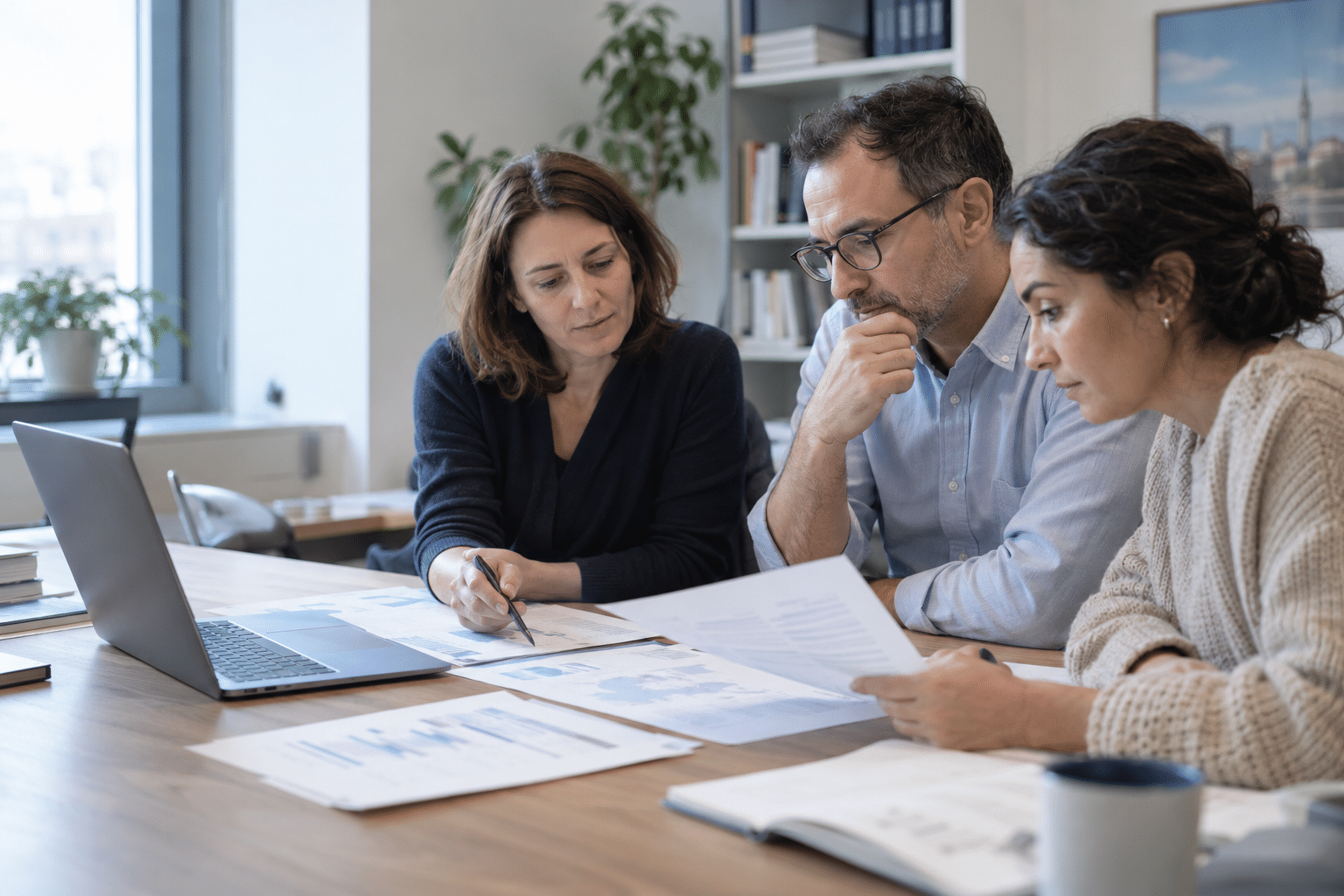 Health researchers reviewing reports together